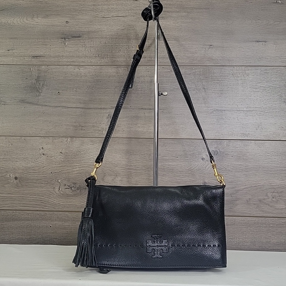 Tory Burch McGraw Black Pebble Leather Fold Over Crossbody Shoulder Bag